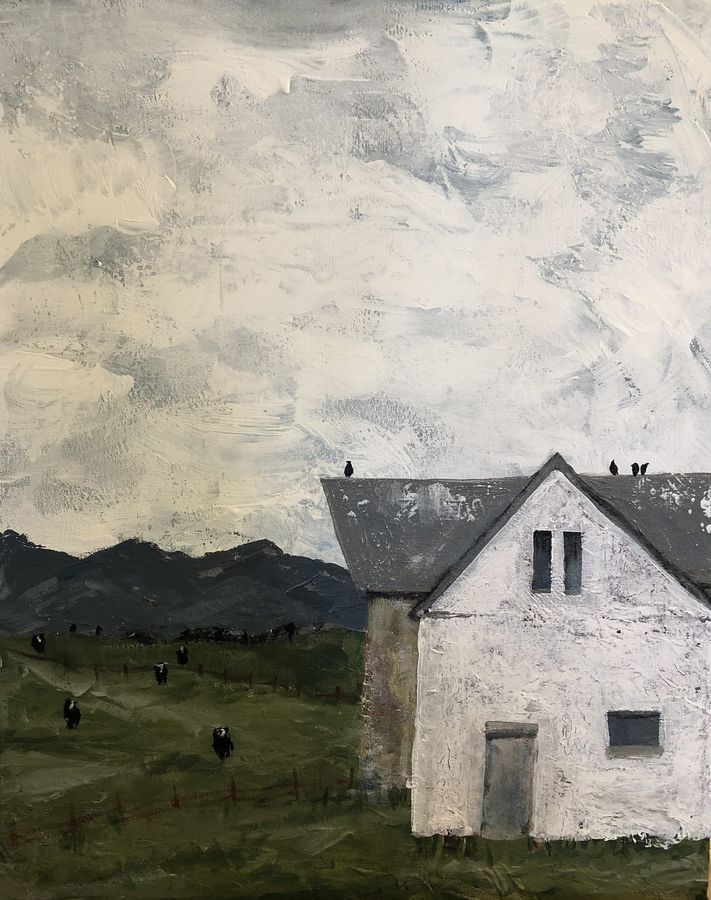 Blackbird Barn by Jenny W. Green: White barn with blackbirds on the roofline, cattle grazing in a green pasture below dark mountains