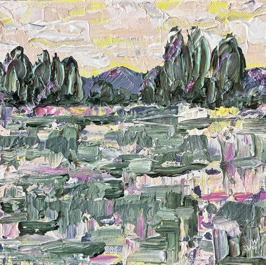 Blue Ridge Beauty by Jenny W. Green: Thickly textured landscape of green trees and a purple mountain under a pink and yellow sky