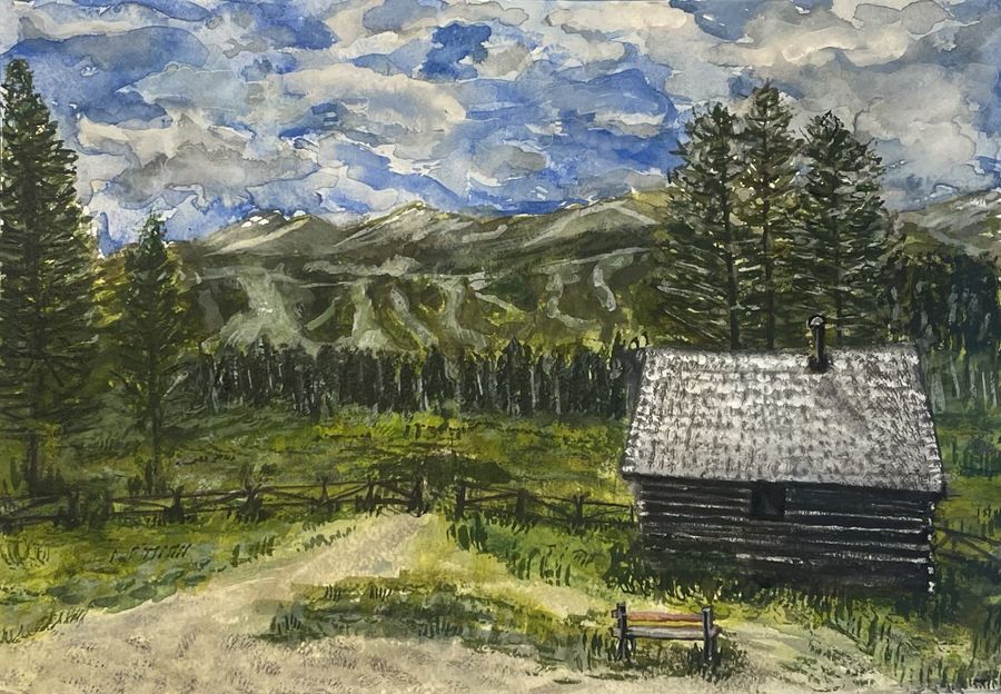 Cucumber Gulch by Jenny W. Green: Log cabin and bench beside a dirt path, pine forest and ski slopes under a cloudy blue sky