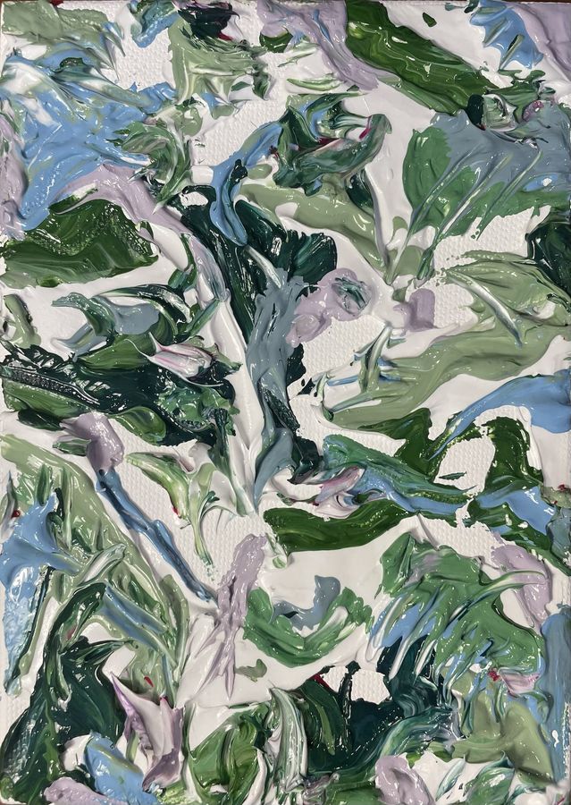 Enmeshed by Jenny W. Green: Abstract in thick, glossy swirls of green, sky blue and lavender