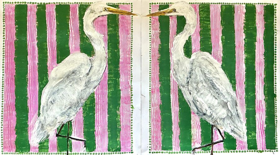 Face to Face by Jenny W. Green: Two white egrets facing each other across two panels of pink and green stripes