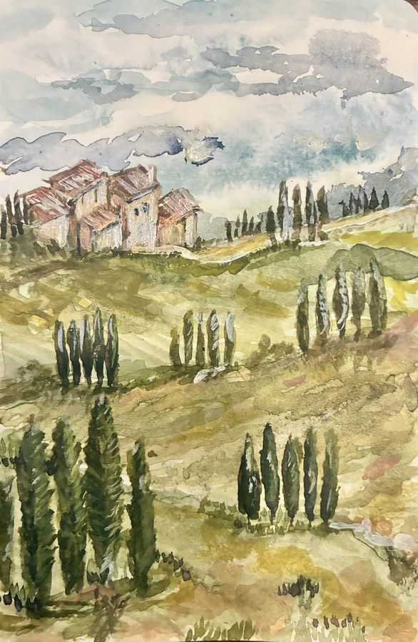 Fifty Trees Fifty Years by Jenny W. Green: Rolling Tuscan hills dotted with cypress trees and a hilltop farmhouse