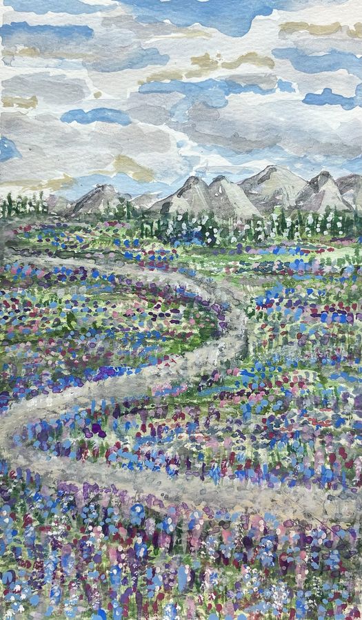 Full Bloom by Jenny W. Green: A path winding through a meadow of purple, blue and pink wildflowers toward gray mountains