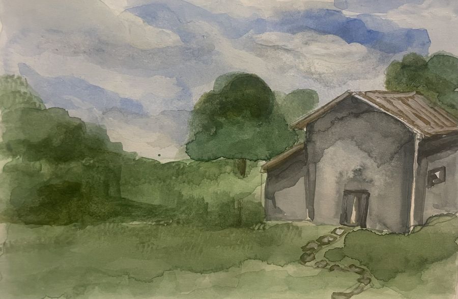 Gray Barn Study by Jenny W. Green: A gray barn with a rust-colored roof beside green trees and a stone path