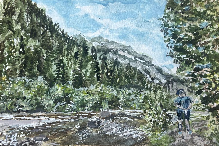 Mike on Hike by Jenny W. Green: A hiker beside a rocky mountain stream, pine-covered slopes and a rocky peak beyond
