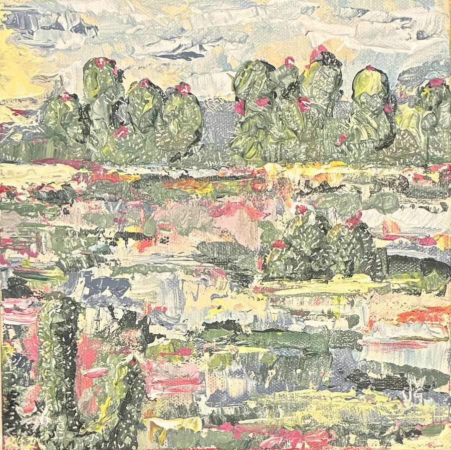 Prickled Pink by Jenny W. Green: Thickly textured landscape of green desert scrub with bright pink blooms under a pale sky