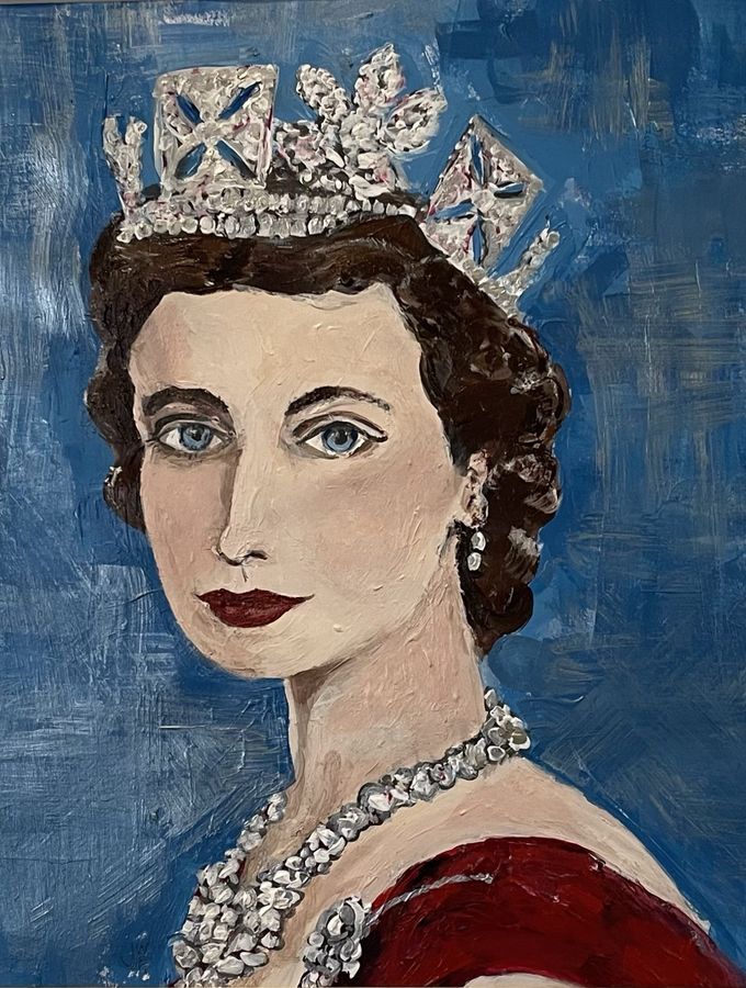 Her Majesty by Jenny W. Green: Portrait of a young queen in a diamond crown and necklace against a bright blue background