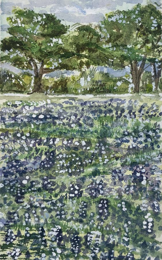 Rancho Verde Bluebonnets by Jenny W. Green: A field of bluebonnets in front of large live oak trees