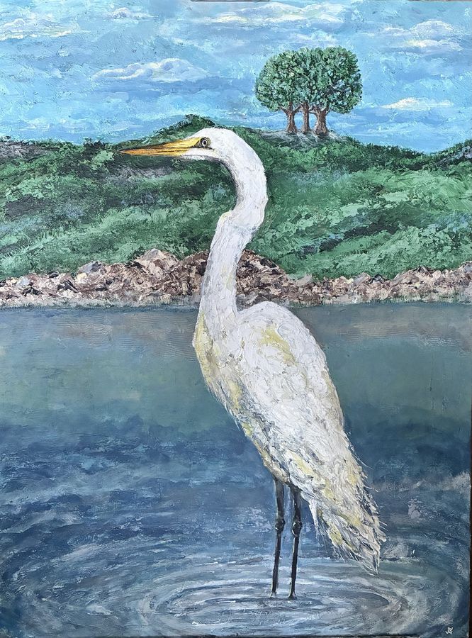 Ripple Effect by Jenny W. Green: A large white egret standing in blue water, green hills and three trees behind