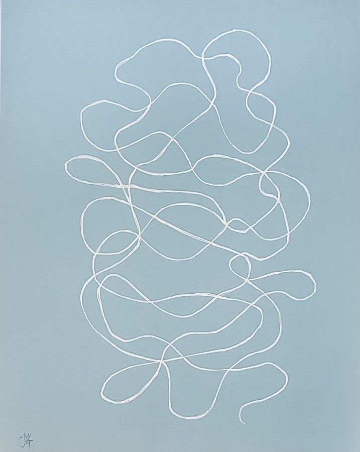 Untangled by Jenny W. Green: A single continuous white line looping across a pale blue background
