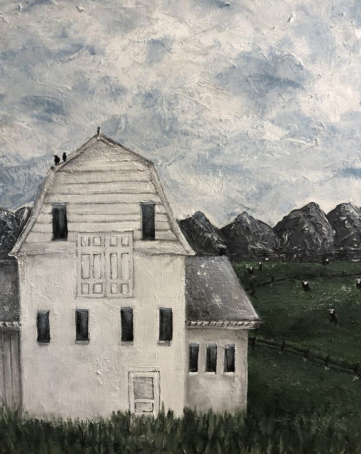 White Barn by Jenny W. Green: Tall white gambrel barn with two crows on the peak, mountains and grazing cattle behind